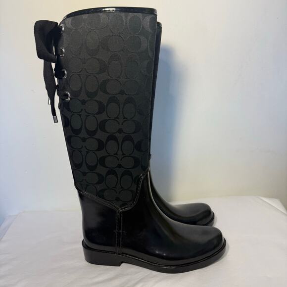 Coach Tristee Rain Boots Black Logo Rubber Waterproof Women’s Size 7B - Picture 1 of 13